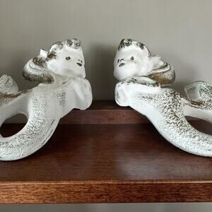 Vintage Mermaid Fish Wall Plaques Set of 2, Gold Speckled Ceramic Chalkware Sea